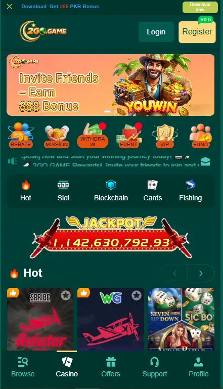 2GO Game home screen with login, register option, jackpot banner, and multiple game categories like slots and cards
