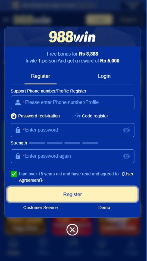 988win Game registration screen showing sign up form with phone number field, password entry, password strength indicator, age verification checkbox, and Register button, with free bonus offer of Rs.8,888 and referral reward of Rs.5,000 displayed at the top.