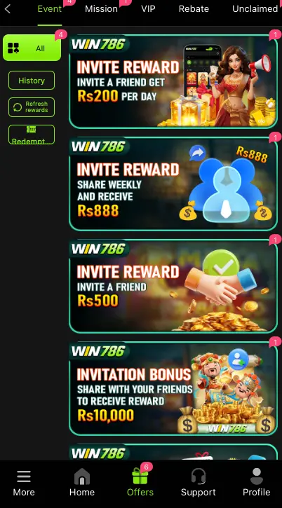 Win786 Game referral and invite reward offers showing Rs200 daily, Rs888 weekly, Rs500 and Rs10000 invitation bonuses for Pakistani players