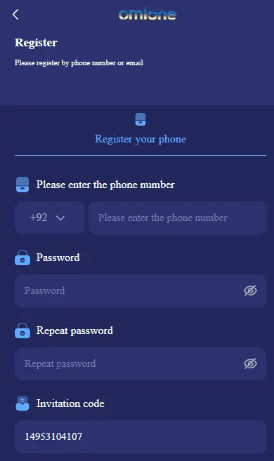 A mobile registration form for the Omione app with a dark navy blue background, containing fields for phone number with +92 country code, password, repeat password, and an invitation code field pre-filled with 14953104107.