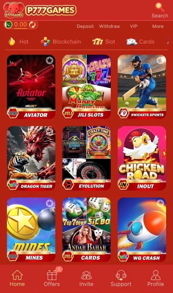 Screenshot of the P777 Games home screen displaying various casino-style games including Aviator, slots, sports betting, cards, and crash games.


