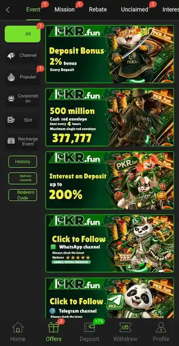 PKR.fun app offers page showing deposit bonus, cash rewards, interest up to 200%, and social channel follow options with colorful game banners.