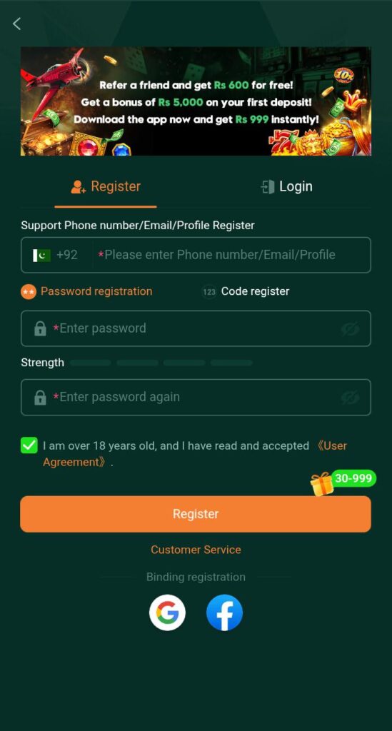 BetQQ Game register screen showing signup form with phone number, password fields and bonus offers free for Android