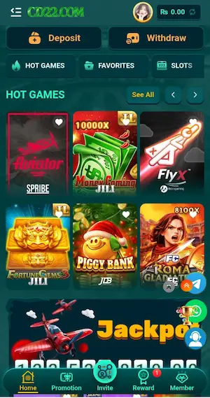 CD22.com mobile app homepage showing hot games including Aviator, Money Coming, FlyX, Fortune Gems 3, Piggy Bank, and Roma Gladiator with deposit and withdraw buttons