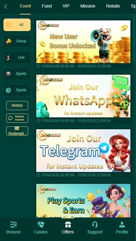 Alt Text: 2GO Game events section displaying new user bonus, WhatsApp and Telegram join offers, and promotional rewards