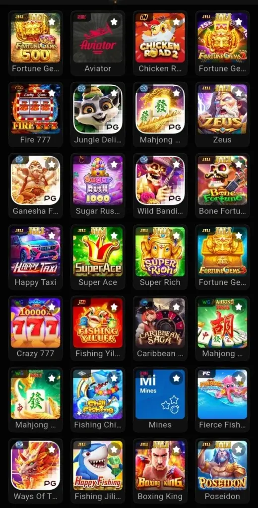 WDPAK777 Game full games list showing slots and arcade games including Fortune Gems, Aviator, Chicken Road, Fire 777, Zeus, Mahjong Ways, Sugar Rush, Wild Bandito, Super Ace, Crazy 777, Caribbean Saga, Mines, Boxing King and Poseidon on Android app