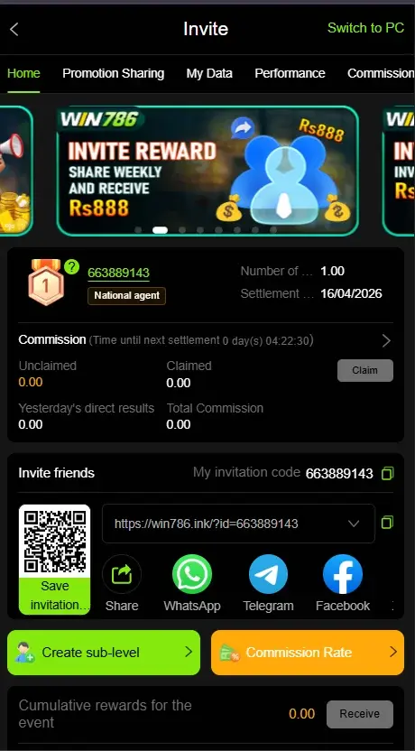 Win786 Game invite and referral program screen showing invitation code, QR code, commission details and sharing options on WhatsApp Telegram and Facebook