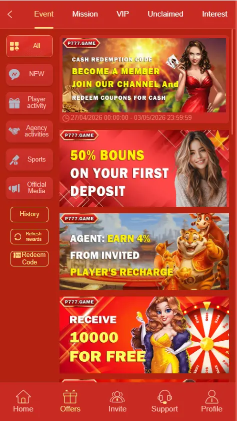 Screenshot of the P777 Games app events page showing promotional banners such as cash redemption codes, 50% deposit bonus, agent earnings, and free reward offers.