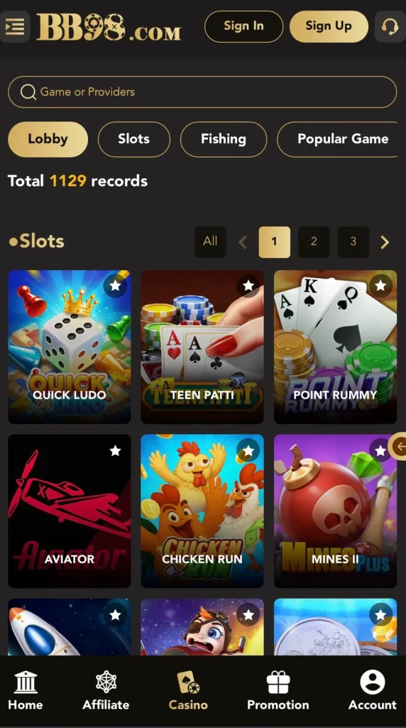 BB98 Game casino lobby showing 1129 games including Quick Ludo, Teen Patti, Point Rummy, Aviator, Chicken Run, and Mines II for Android players in Pakistan