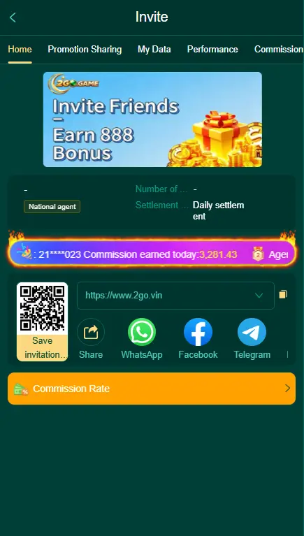Alt Text: 2GO Game invite friends screen showing referral bonus, QR code, and commission earnings dashboard