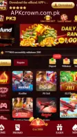 
PK3 Game interface showing daily rewards, roulette, slots and earning games on APKcrown.com.pk