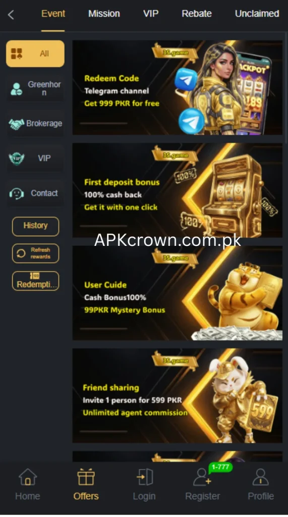 3S GAME event page with missions VIP redemption friend sharing and bonuses
