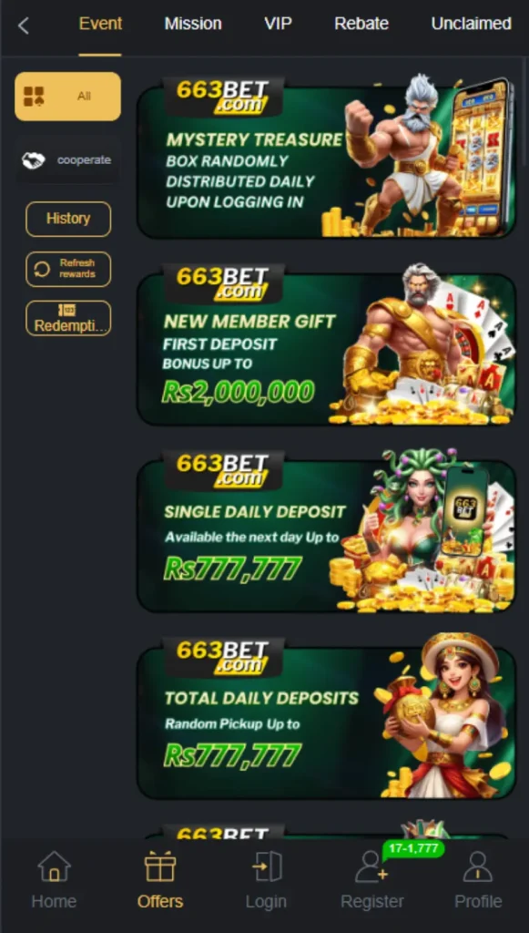 663BET Game offers page showing welcome bonus, first deposit gift up to Rs2,000,000, daily deposit bonus up to Rs777,777 and mystery treasure box rewards on Android screen