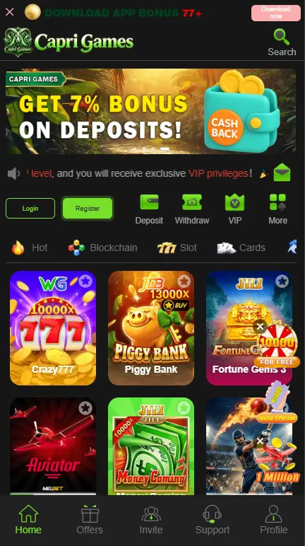 Capri Games homepage showing 7% deposit bonus, login and register buttons, and popular games like Crazy777, Piggy Bank, Aviator and Fortune Gems