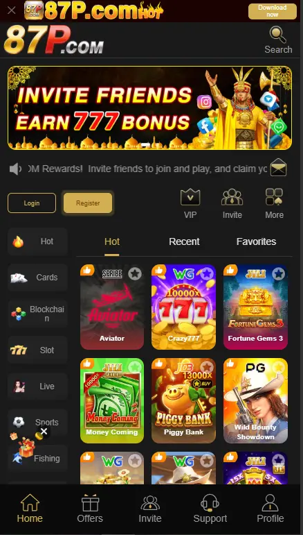 
87P Game Home Screen with Aviator Money Coming and Popular Games