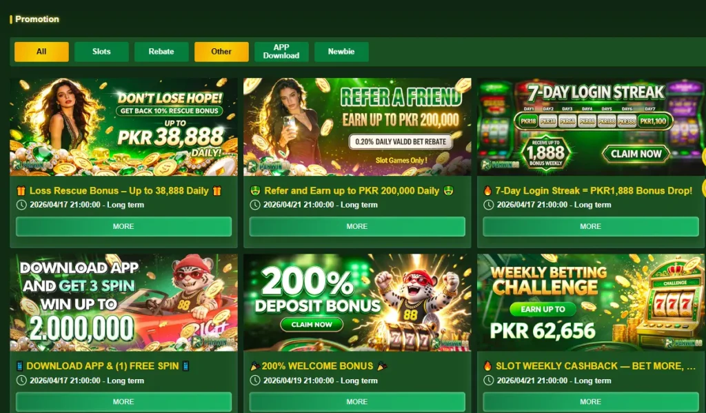 : Pakwin88 Game promotions page showing welcome bonus, referral rewards, and weekly cashback offers