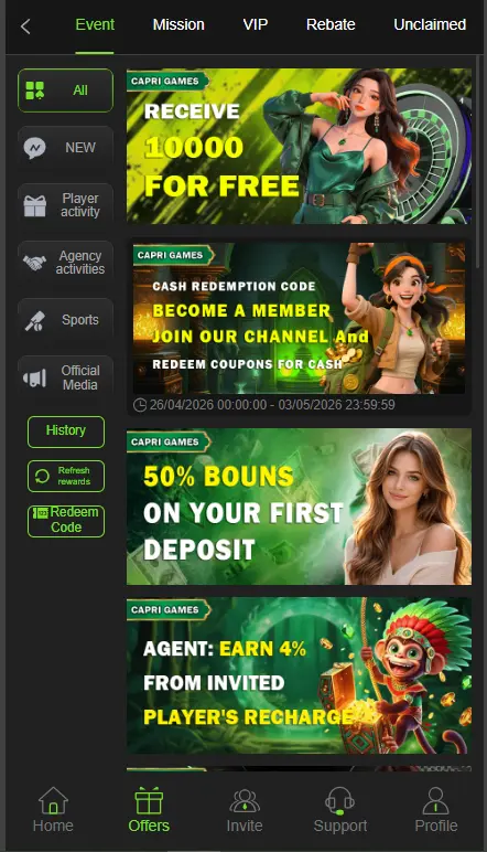 Capri Games offers page showing 10000 free reward, 50% first deposit bonus, cash redemption code, and 4% agent commission