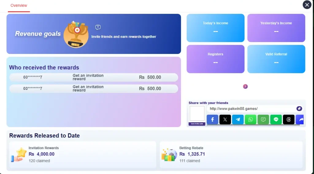 Pakwin88 Game referral reward system showing invitation bonuses and betting rebates