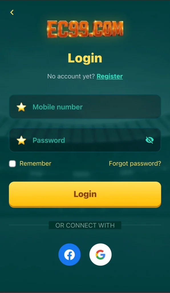 EC99 Game login screen with mobile number and password fields