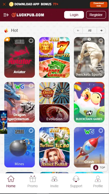 Luckpub Game casino lobby with Aviator, Crash, Dragon Tiger, Mines, and Sic Bo games