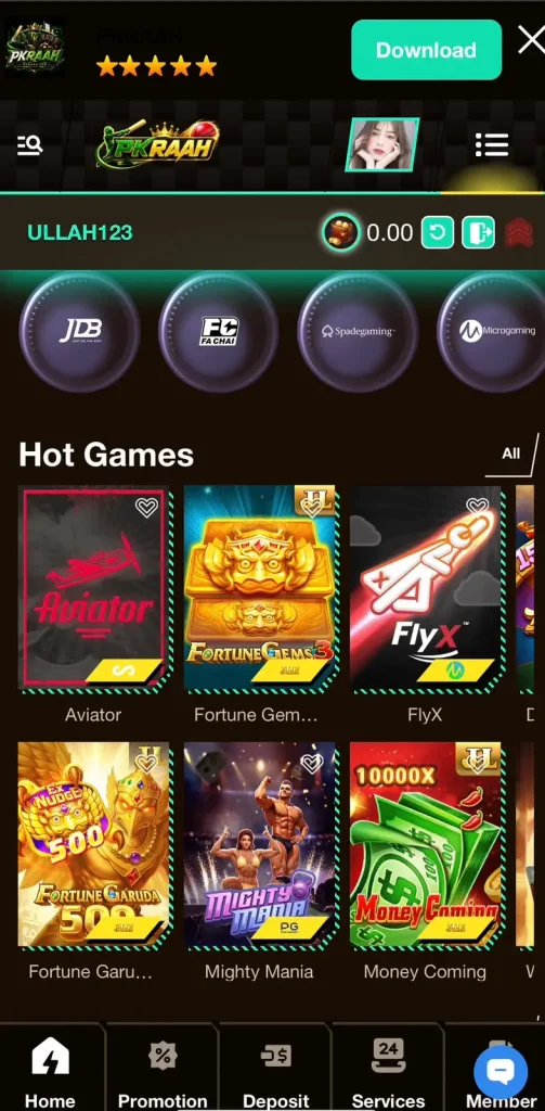 PKRAH Game home screen with Aviator Fortune Gems and Money Coming games