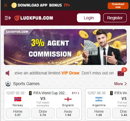 Luckpub Game sports section with football betting and agent commission offers