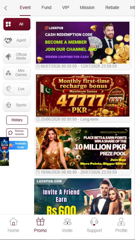 Luckpub Game promo page showing recharge bonus, cashback offers, and invite rewards