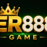 ER888 Game 3D logo with golden crown on a premium black and green background